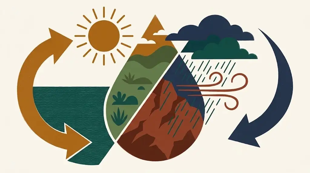 Illustration of a teardrop island split down the middle — sun and calm sea on one side, rain clouds and wind on the other, with arrows curving in from opposite directions.