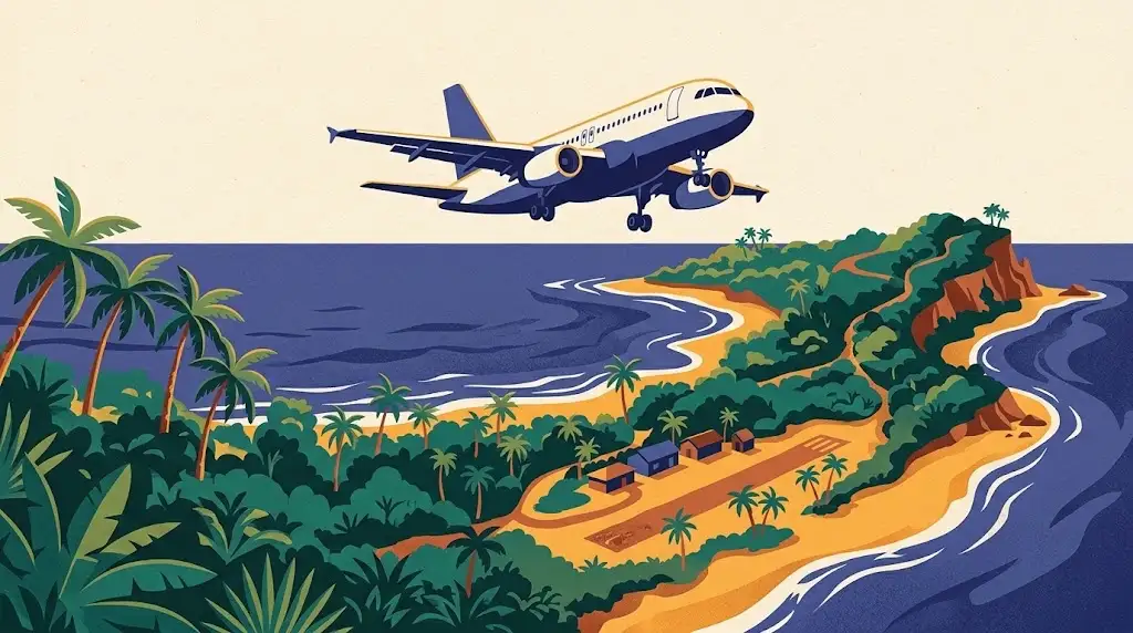 Illustration of a passenger aeroplane descending over a palm-covered tropical coastline, with a small airstrip beside an amber beach and an indigo sea.