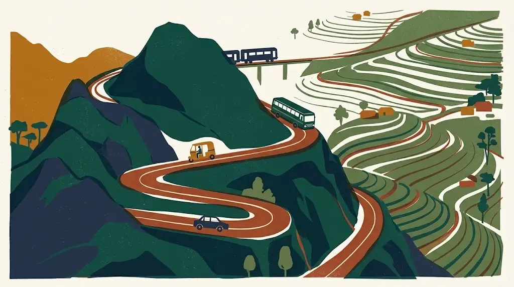 Illustration of a hairpin mountain road winding past tea terraces, with a car, a tuk-tuk, a bus and a train spaced along it.
