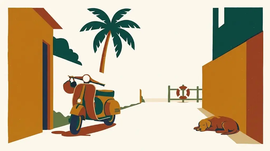 Illustration of a quiet village lane at golden hour, with a parked scooter and helmet, a palm tree, a sleeping dog and a lifebuoy on a beach fence beyond.