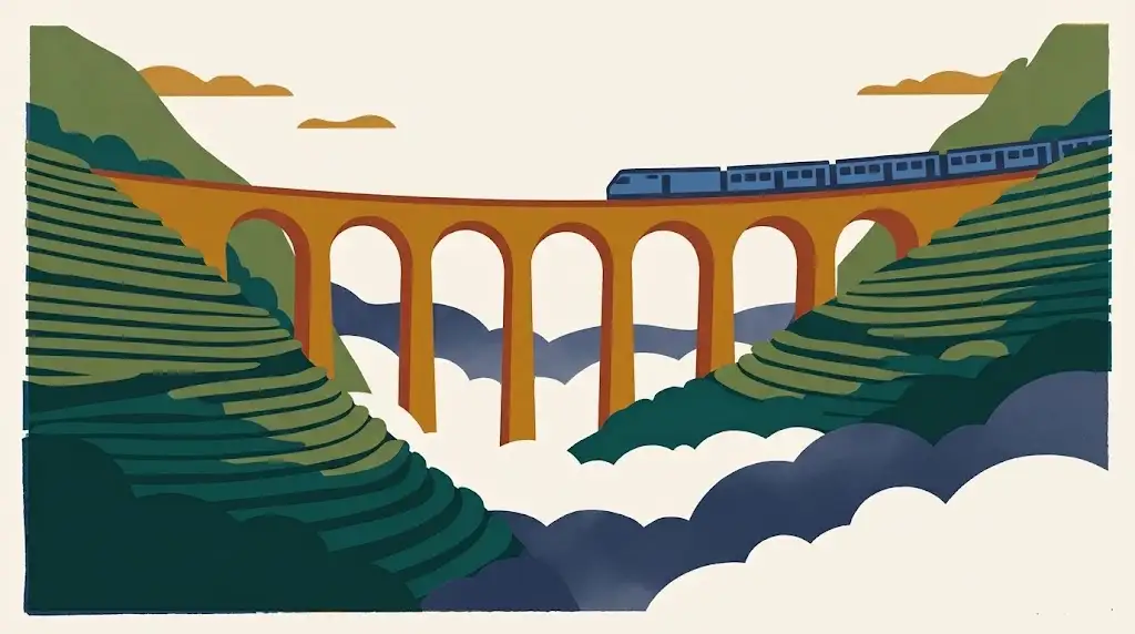 Illustration of a blue train crossing a tall stone viaduct of nine arches, cut into steep tea-covered hillside above a valley of mist.