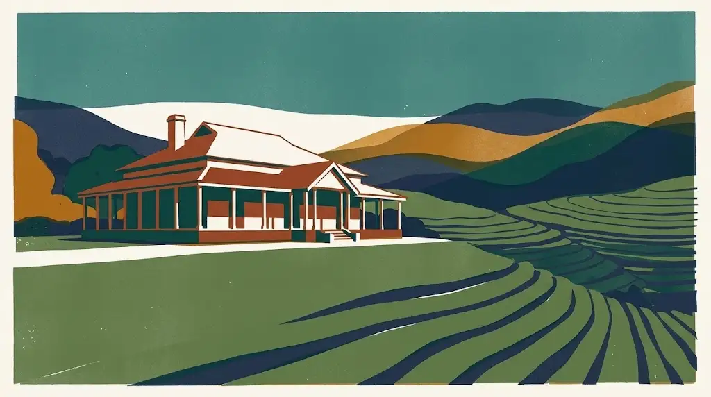 Illustration of a colonial tea planter's bungalow with a veranda, standing on a clipped lawn that runs down into tea terraces and layered hills.
