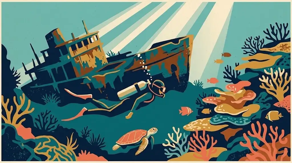 Illustration of a single scuba diver swimming past a rusted shipwreck on a coral reef, with a sea turtle below and shafts of sunlight coming down through the water.