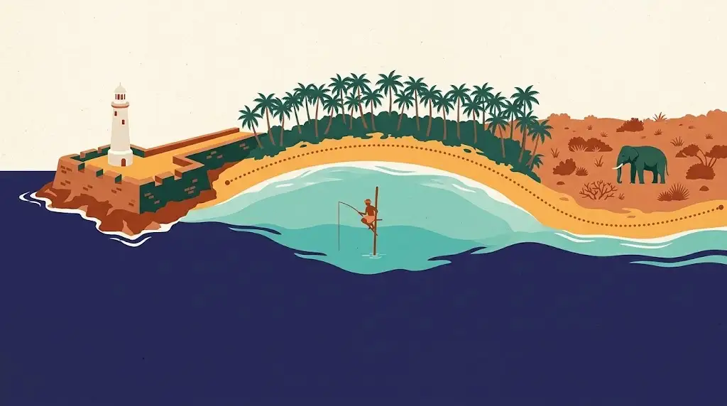 Illustration of the south coast from above: a white lighthouse on a fort rampart, a curving palm-fringed bay, a stilt fisherman on his pole and an elephant in dry scrub, joined by a dotted route line.