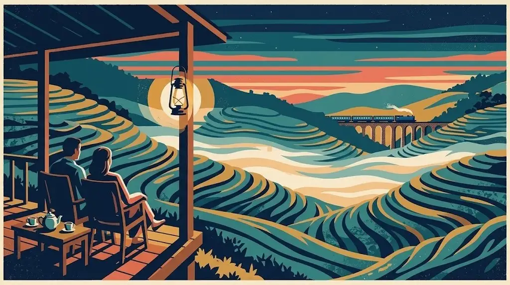 Illustration of two people seen from behind on the veranda of a tea-estate bungalow at dusk, a lantern lit beside them, terraced tea hills in mist and a small train crossing a distant viaduct.