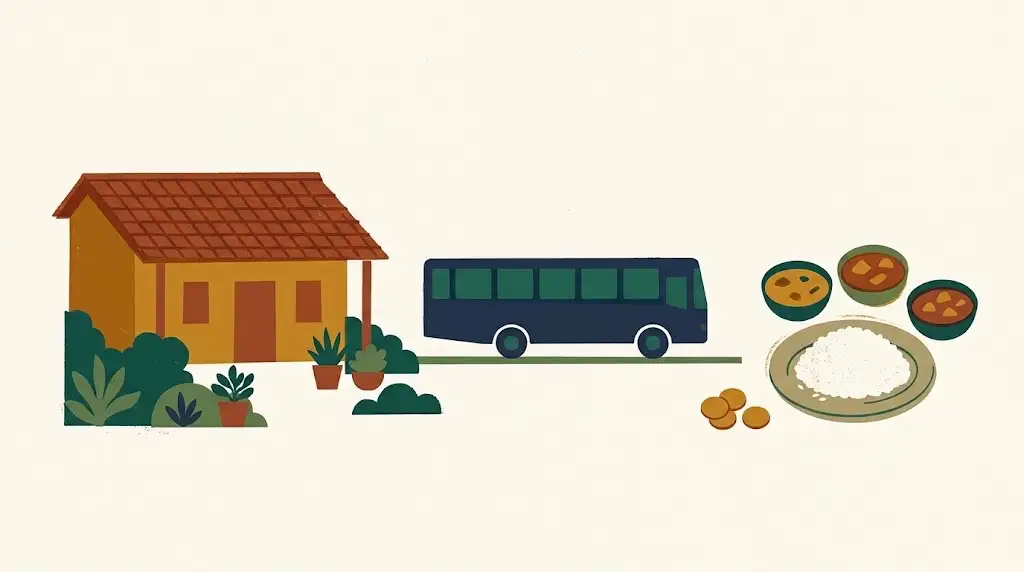 Illustration of a small tiled-roof guesthouse, a public bus, and a plate of rice ringed by small bowls of curry.