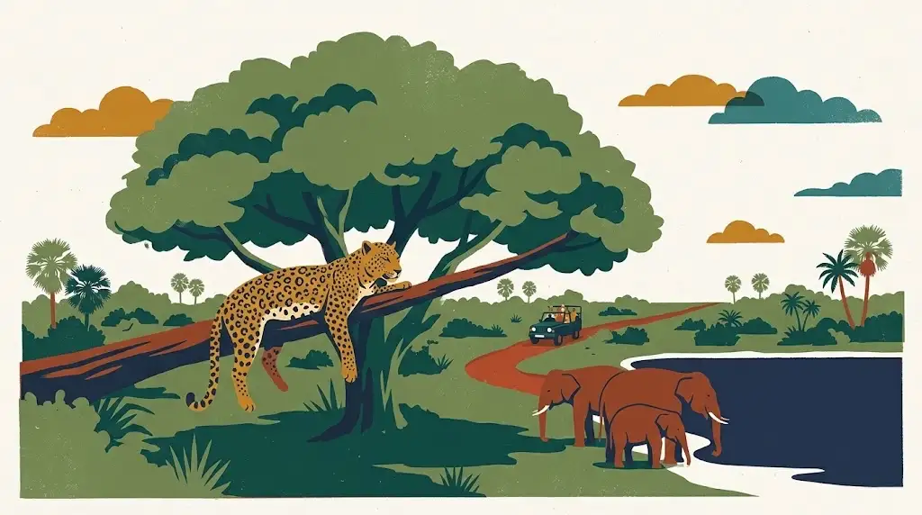 Illustration of a leopard lying along a low branch of a broad shade tree, with two Asian elephants at a reservoir edge and a safari jeep on a red dirt track.