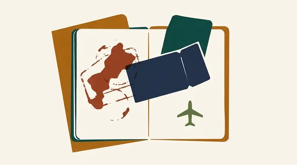 Illustration of an open passport seen from above with an inked stamp mark, a second passport laid across it and a small aeroplane symbol.
