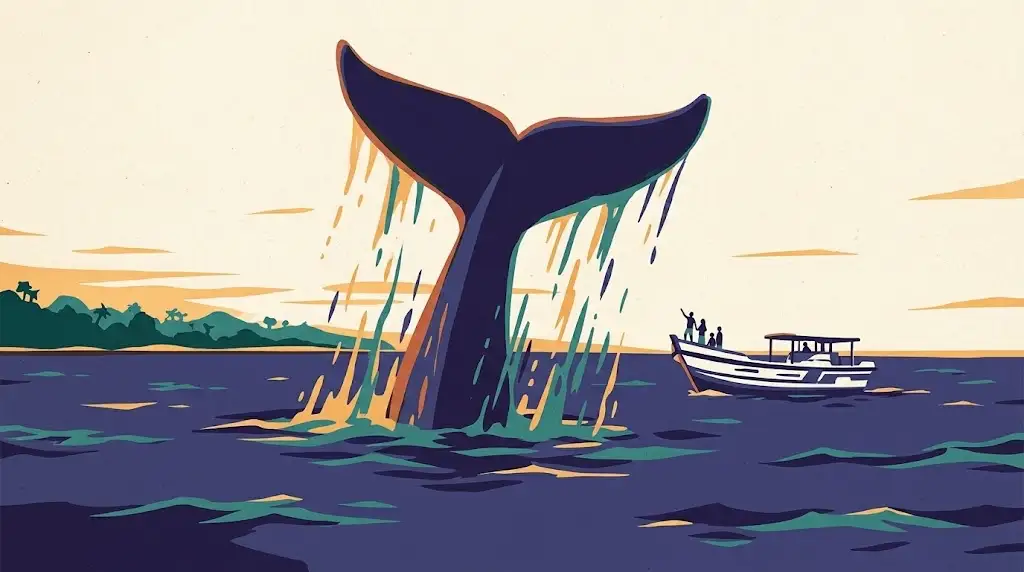 Illustration of a blue whale's tail fluke rising from the sea with water streaming off it, beside a small white whale-watching boat carrying a handful of passengers.
