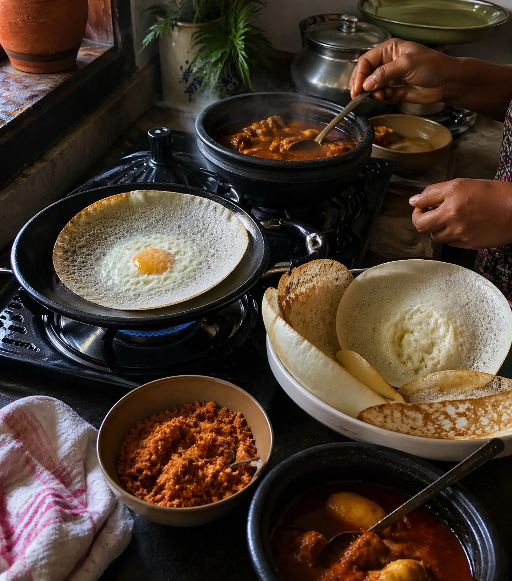 A woman cooking appam in a curved pan in a home kitchen.
