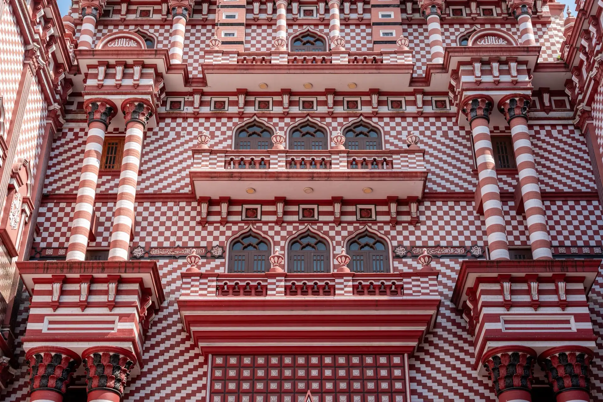 Close detail of the candy-striped brickwork on the Red Mosque in Colombo.