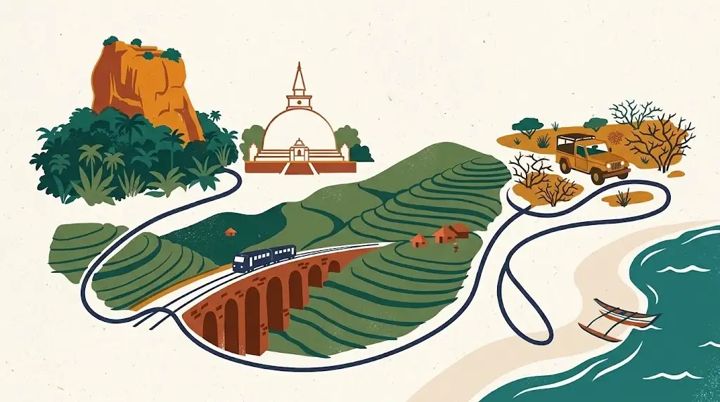 Illustrated route map looping between a rock outcrop, a white dagoba, tea terraces, a train on a viaduct, a safari jeep in scrub and a curving beach with a fishing boat.