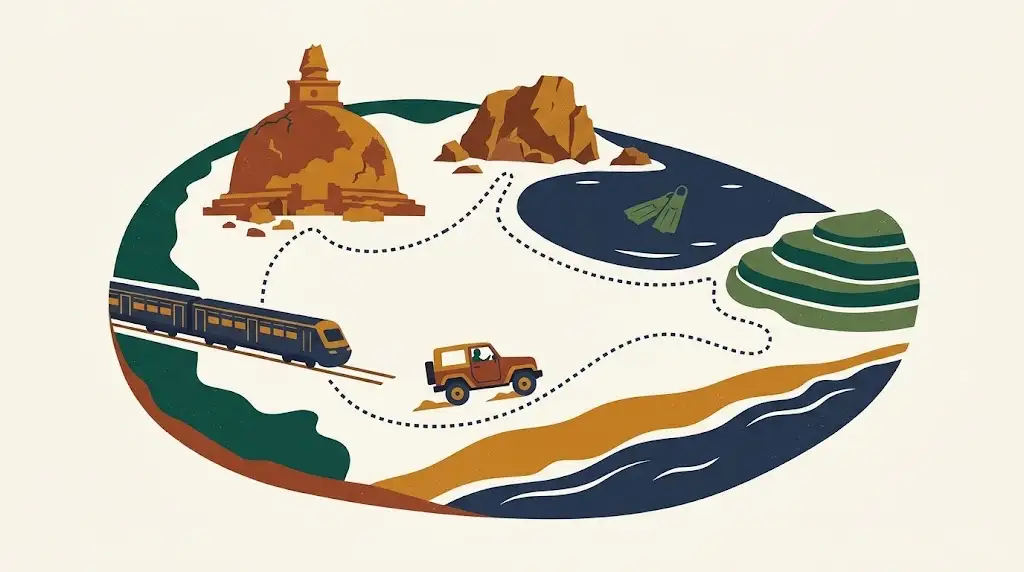 Illustrated island loop map with a dotted route touching a dagoba, a rock outcrop, an east-coast bay, tea terraces, a train and a safari jeep.