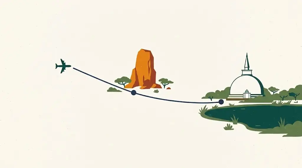 Illustrated route map: a line from an aeroplane inland to a tall rock outcrop, then to a white domed dagoba beside a lake.