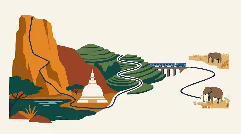 Illustrated route map winding from a rock outcrop past a white dagoba, up through tea terraces to a train on a viaduct, then out to grassland with elephants.